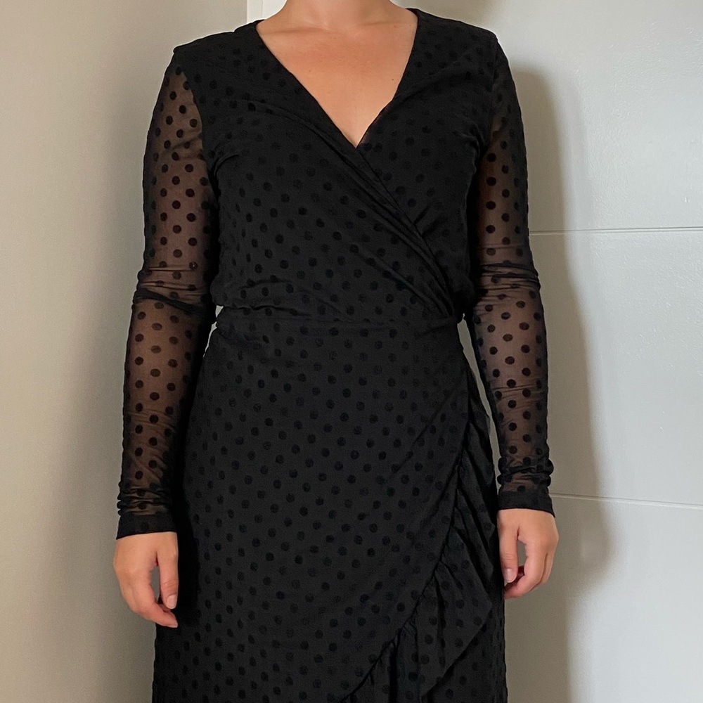 Wrap dress with sheer sleeves and velvet dots